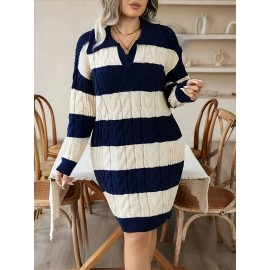 Elegant Plus Size Striped Sweater Dress Polyester Knit Fabric - Lapel Collar Long Sleeve Drop Shoulder Midi Dress with Medium Stretch for All Seasons