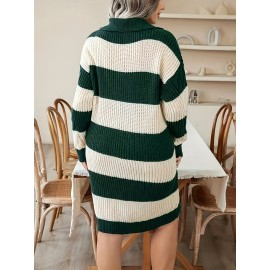 Elegant Plus Size Striped Sweater Dress Polyester Knit Fabric - Lapel Collar Long Sleeve Drop Shoulder Midi Dress with Medium Stretch for All Seasons