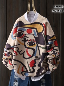 Plus Size - Plus Size - Plus Size Sweater with a Graffiti Style Featuring a Colorful Line Art of a Human Face, a Casual Round-Neck Long-Sleeve Top, Women'S Plus-Size Clothing.
