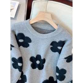 [Elegant Floral Sweater] Plus Size Women's Elegant Floral Sweater | Loose Fit Long Sleeve Pullover with Dark Floral Pattern, Soft Texture Top for Everyday & Formal Outfits - Stylish Knitwear, Seasonal Wardrobe, Breathable Material, Office Wear