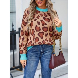 Plus Size - Women'S Plus Size Leopard Print Sweater with Turquoise Cuffs - Cozy Pullover, Loose Fit, Round Neck, Casual Style for Spring/Fall, Casual Wear|Leopard Print Top|Stretchy Fabric