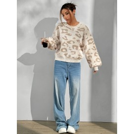Plus Size - Women'S Plus Size Leopard Print Sweater - Cozy Crew Neck, Long Sleeve Pullover for Fall/Winter, Casual Style with Ribbed Cuffs, Light Beige & Brown Pattern, High-Stretch Fabric, Perfect for Casual Attire, Cozy Sweater