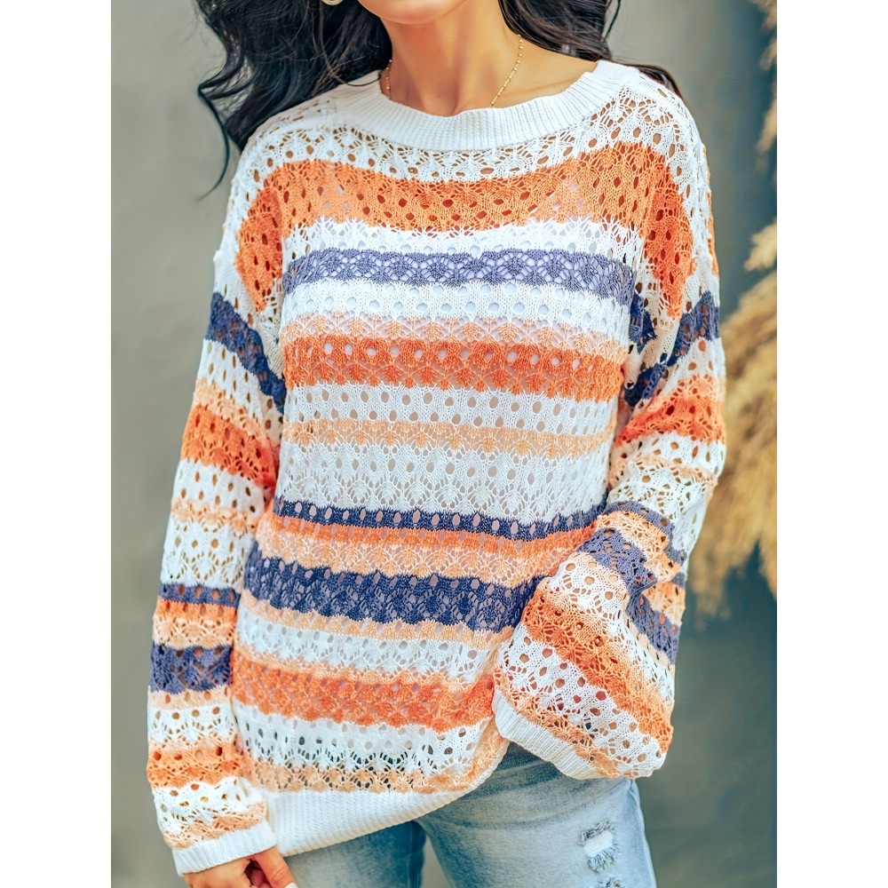 [Bohemian Knit Top] Vintage Bohemian Style Color Block Knit Top - Hollow-Out Design, Long Sleeve, Round Neck Pullover for Women