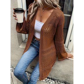 Plus Size, Plus-size fashionable solid openwork cardigan, casual long-sleeve crochet cardigan