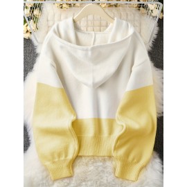 Plus Size - Women'S Korean Style Pink Patchwork Hooded Sweater - Casual Long Sleeve Cardigan with Button Front, Loose Fit for Fall/Winter, Lightweight & Cozy, Buttoned Cardigan