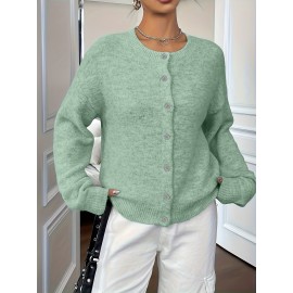 Plus Size - Plus Size - Women'S Elegant Solid Color Long Sleeve Cardigan - Soft Stretchy Button-Front Open Front Sweater, Round Neck Fall/Winter Coat for Casual & Formal Outfits, Cardigan Sweater, Winter Clothing, Stylish Knitwear, Office Wear