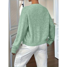 Plus Size - Plus Size - Women'S Elegant Solid Color Long Sleeve Cardigan - Soft Stretchy Button-Front Open Front Sweater, Round Neck Fall/Winter Coat for Casual & Formal Outfits, Cardigan Sweater, Winter Clothing, Stylish Knitwear, Office Wear