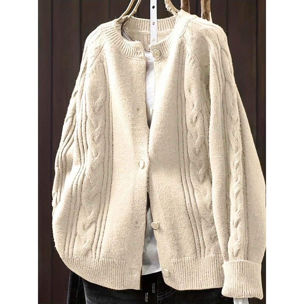 Plus Size, Women's Beige Sweater - Longline Sweater Coat with Button Front, Thick Cable Texture, Machine Washable Winter Sweater for Everyday & Formal Outfits - Elegant Sweater for Women, Sweater, Medium Elasticity Fabric
