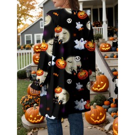 Plus Size - Plus Size Women'S Halloween Pumpkin Print Cardigan - Casual Long Sleeve with Ghosts, Bats & Autumn Leaves Design, Black & Orange, Perfect for Fall & Winter, Halloween Costume