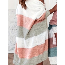 Pink, Beige, and White Plus Size Women's Striped Cardigan - Long Sleeve, Open Front, Lightweight Jacket Perfect for Spring and Fall, Casual Outerwear | Striped Cardigan | Construction, Lightweight Cardigan