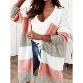Pink, Beige, and White Plus Size Women's Striped Cardigan - Long Sleeve, Open Front, Lightweight Jacket Perfect for Spring and Fall, Casual Outerwear | Striped Cardigan | Construction, Lightweight Cardigan