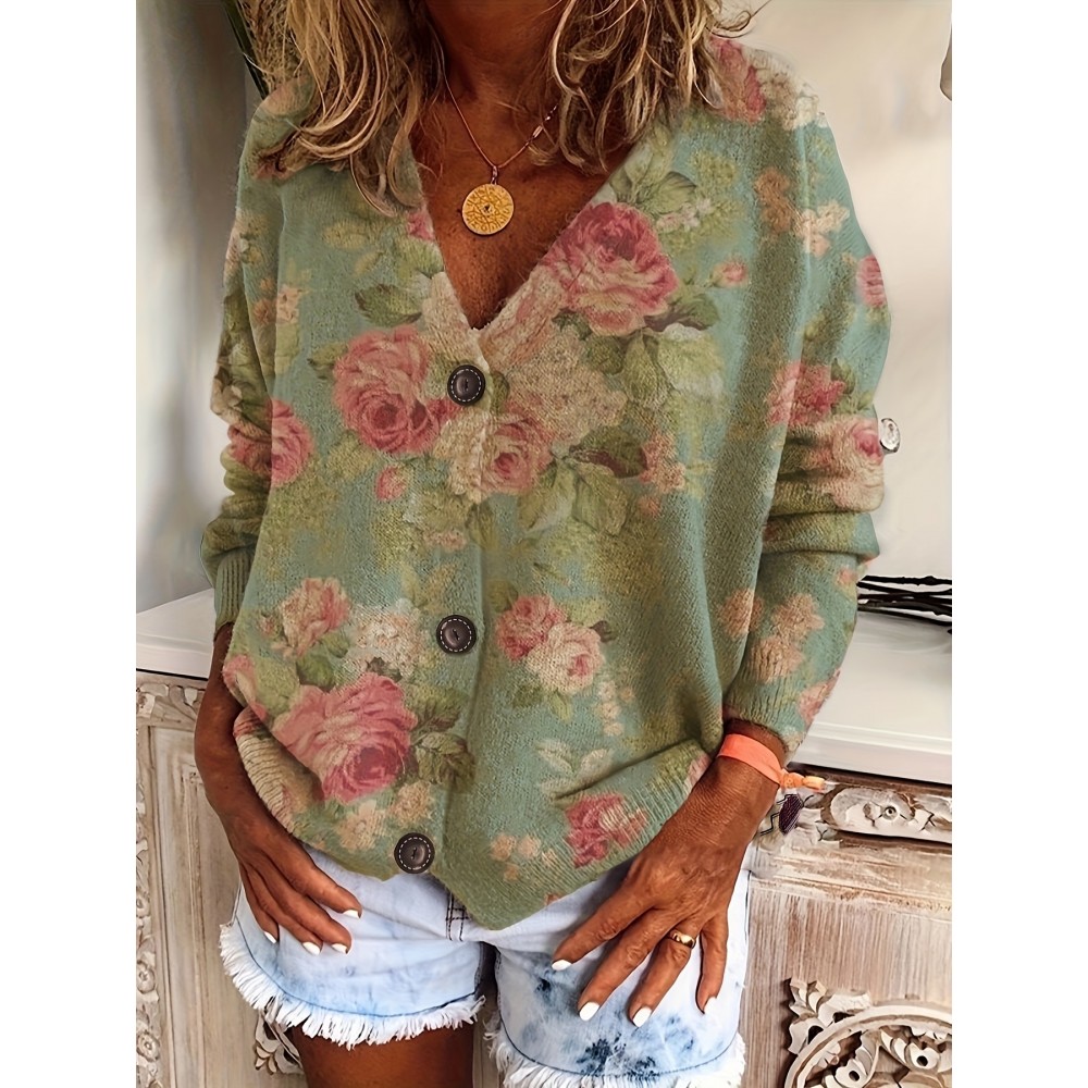 Plus Size, Autumn-Winter V-Neck Loose Fit Off-Shoulder Color Block Gradient Floral Print Button-Up Long Sleeve Women's Cardigan, Casual Elegant Commuter Sweater, Versatile Layering Outerwear