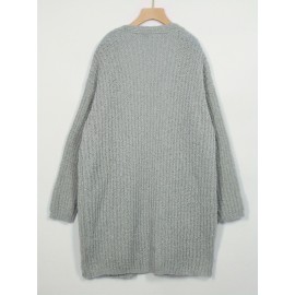 Plus Size - Plus Size Women'S Elegant Vintage Cardigan - Cozy V-Neck with Pockets, Light Gray, Long Sleeve, Fall/Winter Warmth, Casual Chic Style, Autumn Winter Apparel | Vintage Style Cardigan | Construction, Cardigan Sweater