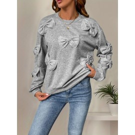 Women'S Casual Pullover Long Sleeve Sweatshirt with Decorative Bows - Soft Gray Loose Fit Crew Neck Top for Spring & Fall, Perfect for Casual Attire, Relaxed Fit Top | Bow Embellished Top | Comfortable Fit