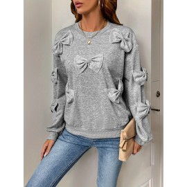 Women'S Casual Pullover Long Sleeve Sweatshirt with Decorative Bows - Soft Gray Loose Fit Crew Neck Top for Spring & Fall, Perfect for Casual Attire, Relaxed Fit Top | Bow Embellished Top | Comfortable Fit