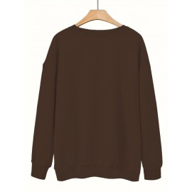 Women's Red joyful Face & Smile Letter Print Sweatshirt - Soft Machine-Washable Polyester Crew Neck Long Sleeve Casual Pullover for Fall Winter, Cozy Everyday Lounge Wear, Comfortable Fit