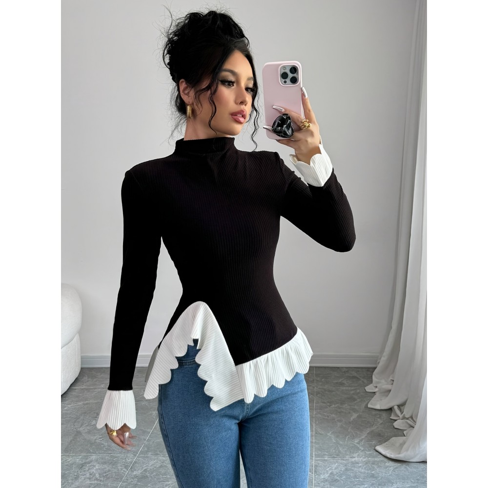 [Women's Long Sleeve T-Shirt] Women's Elegant Solid Color Long Sleeve T-Shirt - Asymmetrical Hem Contrast Color Block Design, Half-Turtleneck with Ruffled Detail, Machine Washable Fall Winter Casual Chic Top