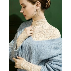 Set of 2, Solid Color Lace Tops, Featuring a Mock Neck And Elegant Long Sleeves, Perfect As a Base Layer for Spring And Autumn, Women'S T-Shirt.