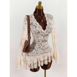 Women'S Y2K Retro Lace Top - Deep V-Neck Blouse with Flared Bell Sleeves, ElegantSexy Party & Formal Outfits, Non-See-Through Lace Shirt for Nightlife, Dates, Office - Spring/Fall Women'S Clothing, Date Night Attire, Ruffled Hem Design