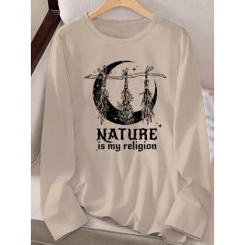 Women's Casual Long Sleeve Crew Neck Graphic T-Shirt - Sun Moon Stars Print with 