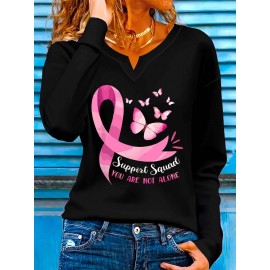 [Breast Cancer Awareness] Women's V-Neck T-Shirt | Pink Ribbon & Butterfly Graphic - 
