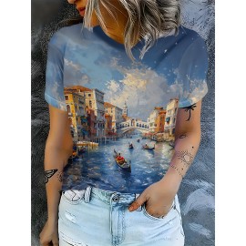 Women's Venice Gondola & Rialto Bridge Print Short Sleeve T-Shirt - Vibrant Venetian Canal Scene, Breathable Round Neck Casual Top for Spring/Summer, Machine Washable, Summer Clothing, Artistic Scene Tee, Nontransparent Fabric