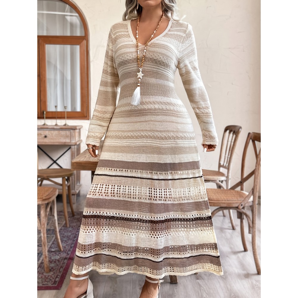 Plus Size - Plus Size - Plus Size - Elegant Plus Size V-Neck Long Sleeve Dress with Color Block Design - Lightweight Breathable Fabric, Ruffled Hem & Layered Skirt