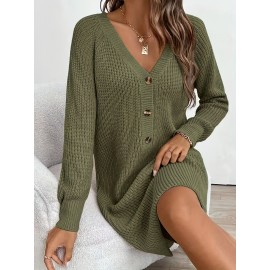 Plus Size, Women's Olive Green V-Neck Collar Sweater Dress with Short Sleeves & Single Button Closure - A-Line Winter Dress for, Office, Semi-Formal Wear - Machine Washable Cozy Outfit