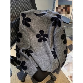 [Elegant Floral Sweater] Plus Size Women's Elegant Floral Sweater | Loose Fit Long Sleeve Pullover with Dark Floral Pattern, Soft Texture Top for Everyday & Formal Outfits - Stylish Knitwear, Seasonal Wardrobe, Breathable Material, Office Wear