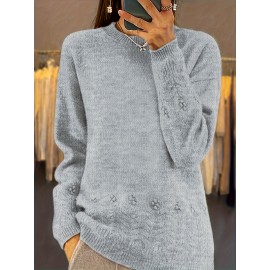 Plus Size, Women's Oversized Elegant Sweater - Winter Warm Round Neck Long Sleeve Cable- Texture Sweater for Fall & Winter, Cozy Casual to Formal Outfits, Plus Size Available (Hand Washable) - Versatile Everyday & Special Occasion Sweater