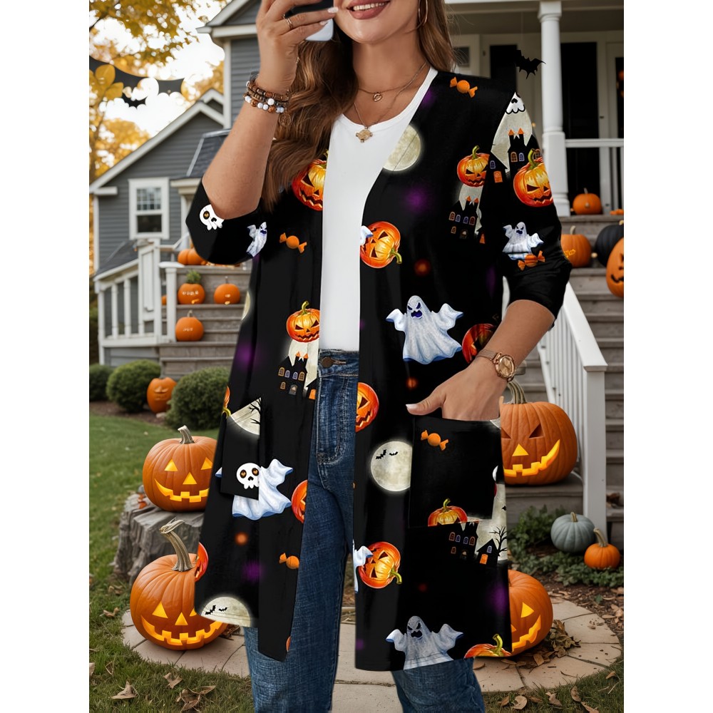 Plus Size - Plus Size Women'S Halloween Pumpkin Print Cardigan - Casual Long Sleeve with Ghosts, Bats & Autumn Leaves Design, Black & Orange, Perfect for Fall & Winter, Halloween Costume