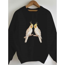 Branch Two Elegant Cockatiels Women's Casual Sweatshirt - Black Geometric Bird & Branch Design, 100% Polyester, Machine Washable, Regular Fit Round Neck for Autumn/Winter, Everyday Comfort, Natureinspired Design, Easy Care Clothing