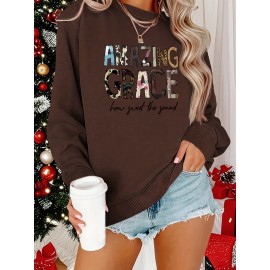 [Cozy Letter Print Sweatshirt] Cozy Plus Size Women's AMAZING GRACE Letter Print Sweatshirt | Long Sleeve Crewneck Pullover with Floral Accents, Machine Washable Polyester, Relaxed Fit for Fall & Winter Casual Wear, Cute Sweatshirts