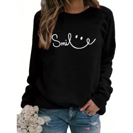 Women's Red joyful Face & Smile Letter Print Sweatshirt - Soft Machine-Washable Polyester Crew Neck Long Sleeve Casual Pullover for Fall Winter, Cozy Everyday Lounge Wear, Comfortable Fit