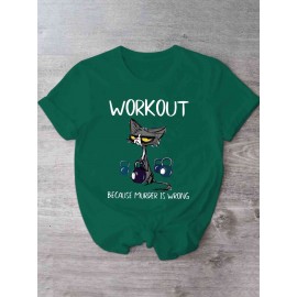 [Humorous Workout T-Shirt] 1pc Women's Casual Short Sleeve T-Shirt | Soft, Lightweight, Humorous Cat & Dumbbell Graphic Print, 